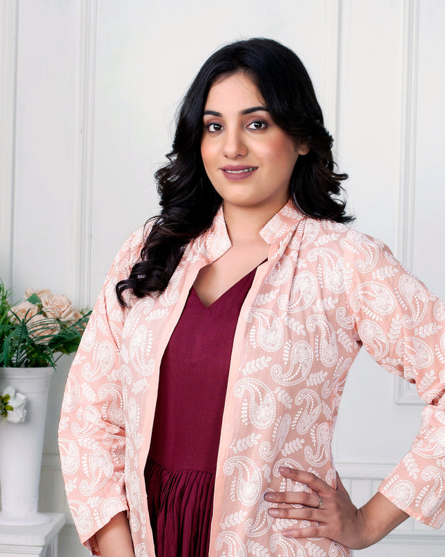 Festive Wine Draped Dress with Pink Chikankari Jacket Co-ord Set