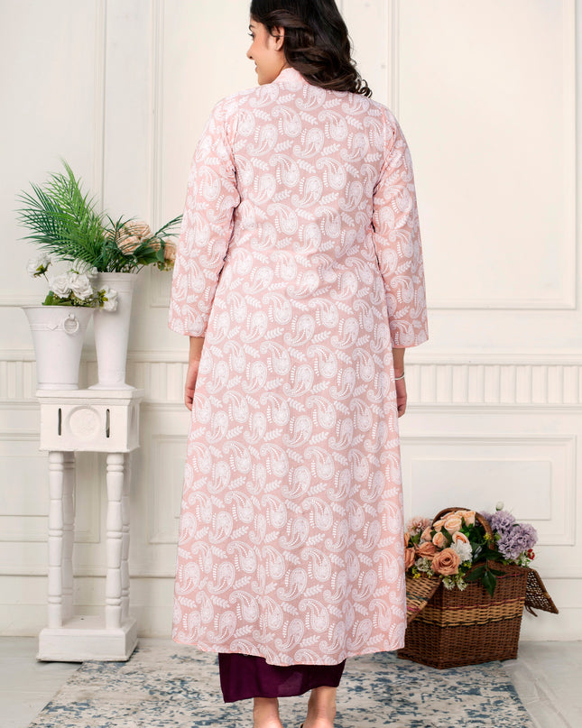 Festive Wine Draped Dress with Pink Chikankari Jacket Co-ord Set