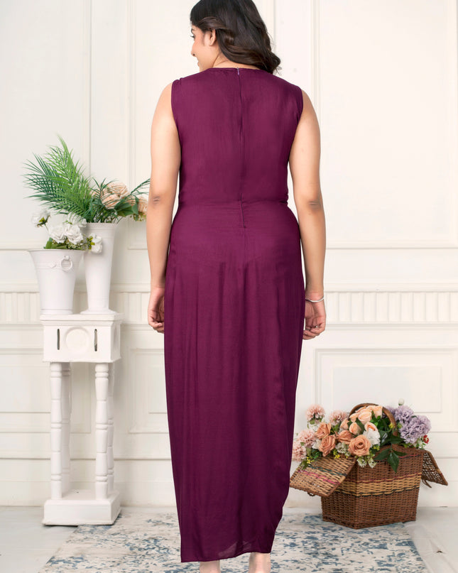 Festive Wine Draped Dress with Pink Chikankari Jacket Co-ord Set