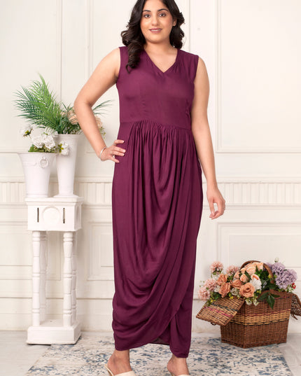 WINE ELEGANCE COWL DRESS WITH BLUSH CHIKANKARI JACKET