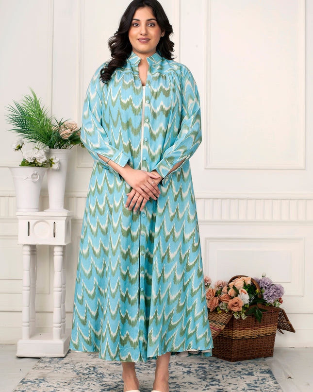 Aqua Blue Ikat Handloom Jacket Dress Set for Women Canada