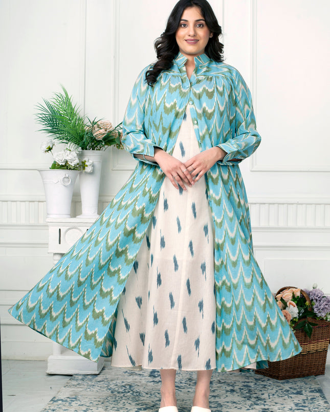 Aqua Blue Ikat Handloom Jacket Dress Set for Women Canada