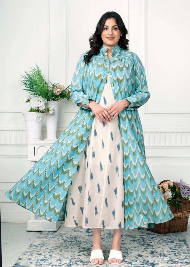 Aqua Blue Ikat Handloom Jacket Dress Set for Women Canada