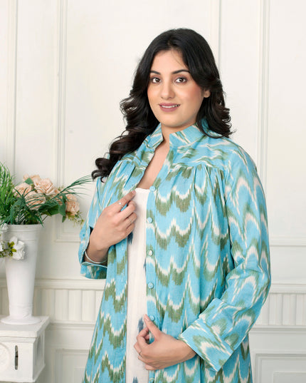 Aqua Blue Ikat Handloom Jacket Dress Set for Women Canada