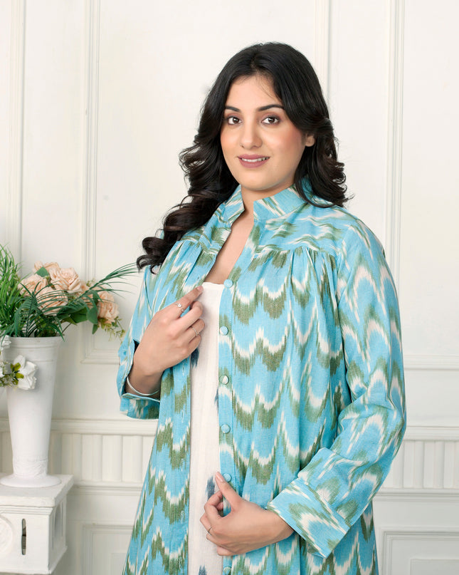 Aqua Blue Ikat Handloom Jacket Dress Set for Women Canada