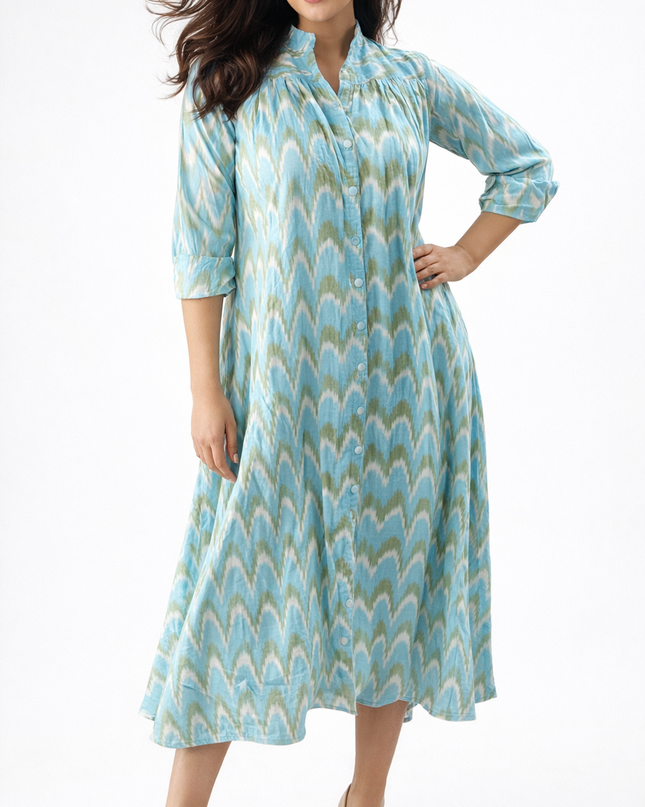 Aqua Blue Ikat Shirt Dress with Gathers