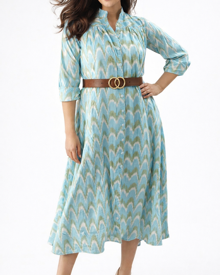 Aqua Blue Ikat Shirt Dress with Gathers