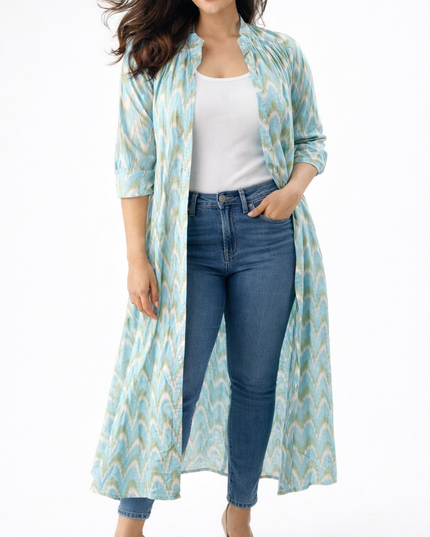 Aqua Blue Ikat Shirt Dress with Gathers