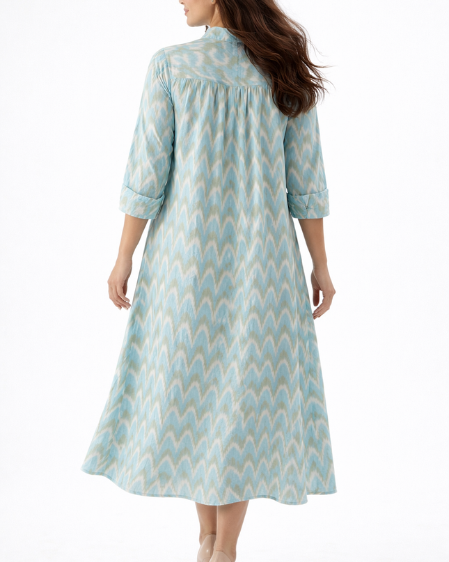 Aqua Blue Ikat Shirt Dress with Gathers