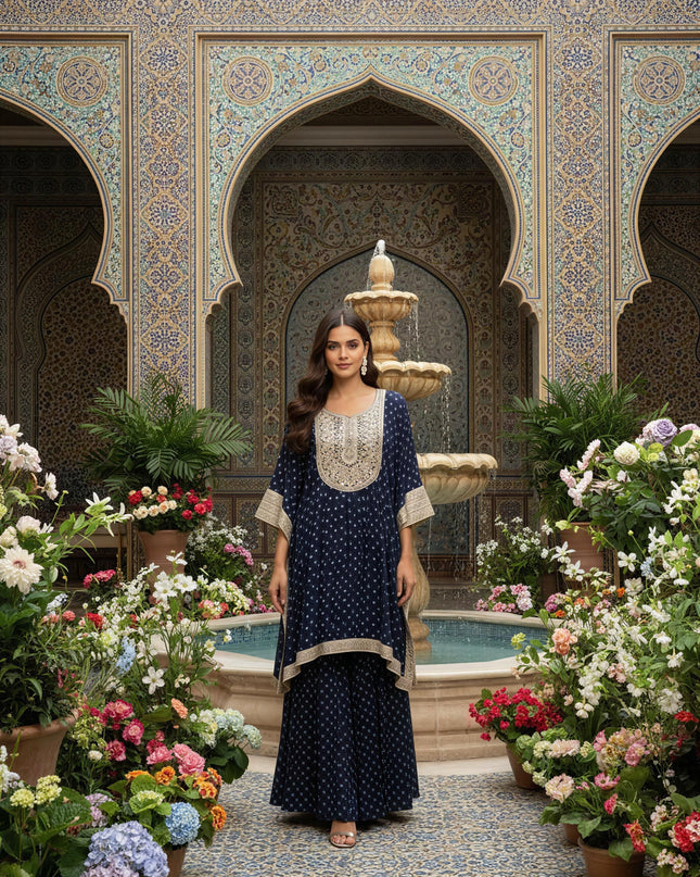 Midnight Noor Kaftan Kurta Set with Flared Skirt Palazzo