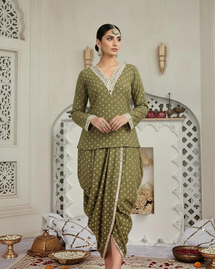 OLIVE GREEN MIRROR-WORK DHOTI SET WITH PRINTED V-NECK TOP