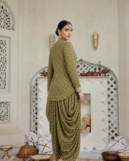 OLIVE GREEN MIRROR-WORK DHOTI SET WITH PRINTED V-NECK TOP