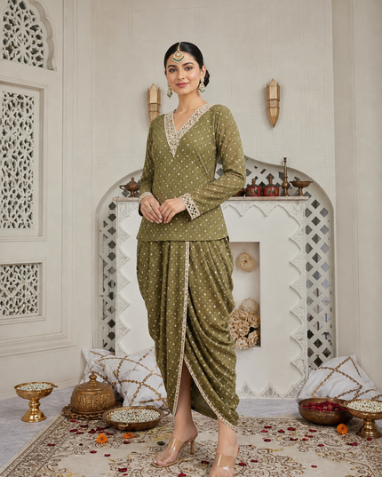 OLIVE GREEN MIRROR-WORK DHOTI SET WITH PRINTED V-NECK TOP