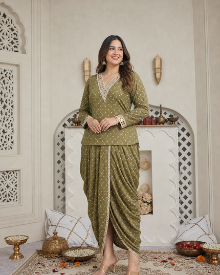 OLIVE GREEN MIRROR-WORK DHOTI SET WITH PRINTED V-NECK TOP