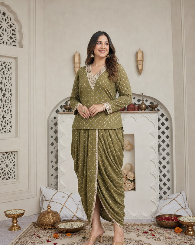 OLIVE GREEN MIRROR-WORK DHOTI SET WITH PRINTED V-NECK TOP