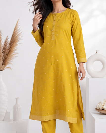 MUSTARD COTTON KURTA PANT SET