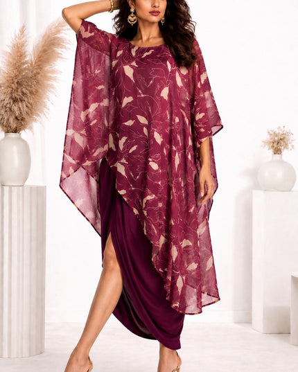 WINE PRINTED 3-PIECE DRAPE COORD SET