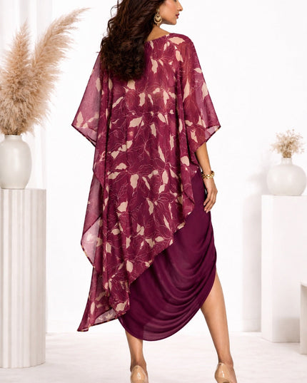 WINE PRINTED 3-PIECE DRAPE COORD SET
