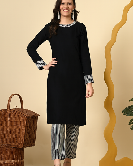 BLACK KURTA WITH STRIPED PANTS