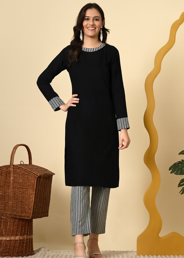 BLACK KURTA WITH STRIPED PANTS