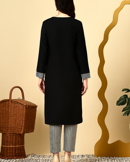 BLACK KURTA WITH STRIPED PANTS