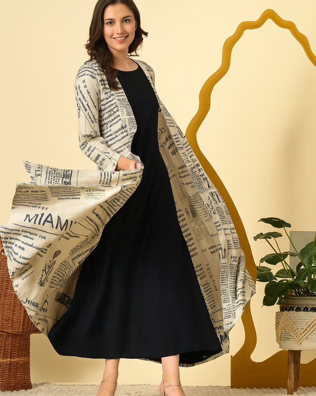 Stylish Newspaper Print Flared Jacket with Inner Co-ord Set