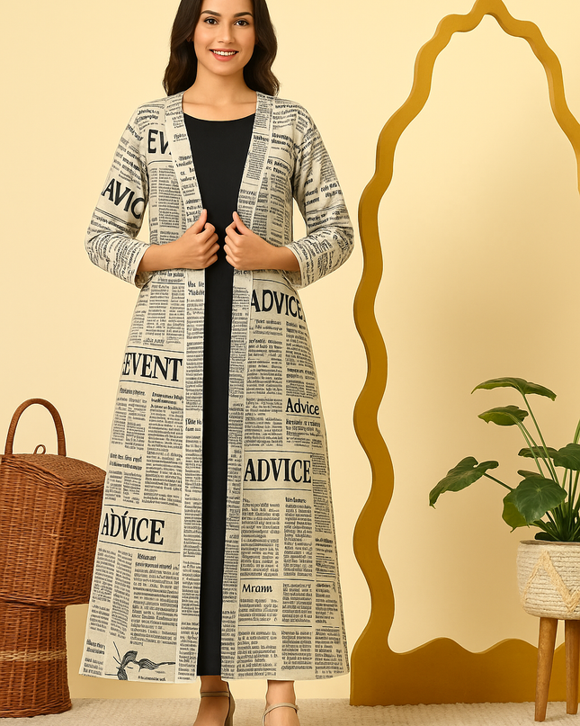 Stylish Newspaper Print Flared Jacket with Inner Co-ord Set