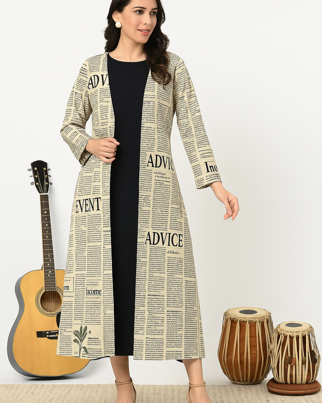 Stylish Newspaper Print Flared Jacket with Inner Co-ord Set
