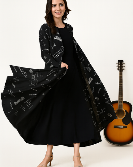 Newspaper Print Jacket with Inner Dress Set for Women