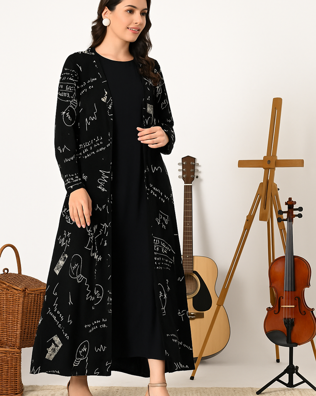 Newspaper Print Jacket with Inner Dress Set for Women