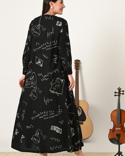 Newspaper Print Jacket with Inner Dress Set for Women