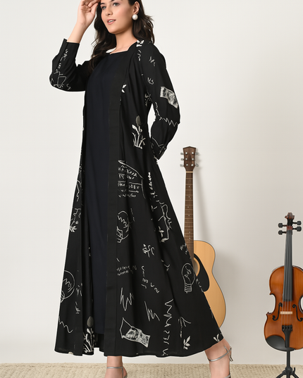 Newspaper Print Jacket with Inner Dress Set for Women