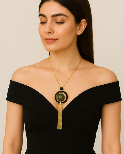 Antique Gold Tassel Necklace with Green Accent