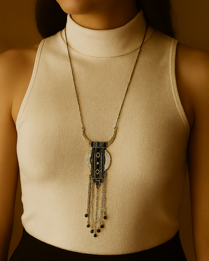 Black Bead Boho Statement Necklace