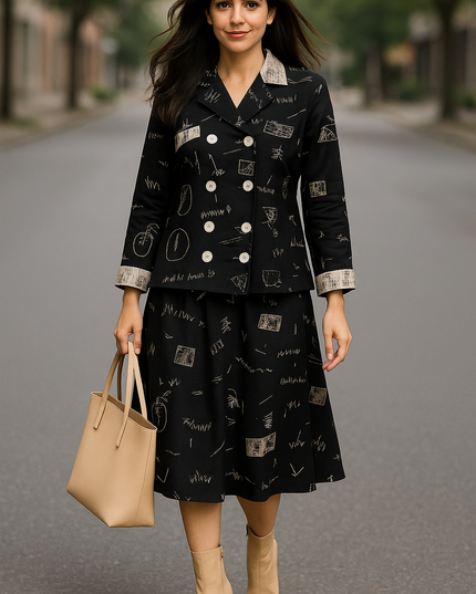 Black Abstract Print Skirt Set for Women