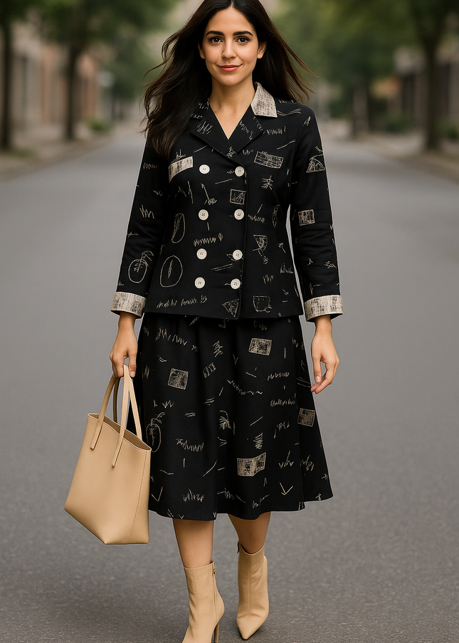 Black Abstract Print Skirt Set for Women