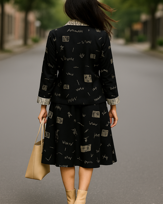 Black Abstract Print Skirt Set for Women