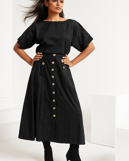 DENIM STRETCH CROP TOP AND SKIRT