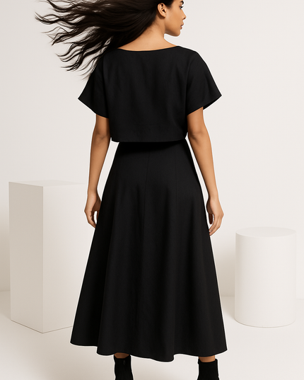 DENIM STRETCH CROP TOP AND SKIRT