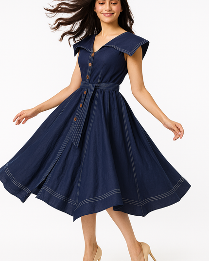 Blue Slub Cotton Dress Elegant Midi Style