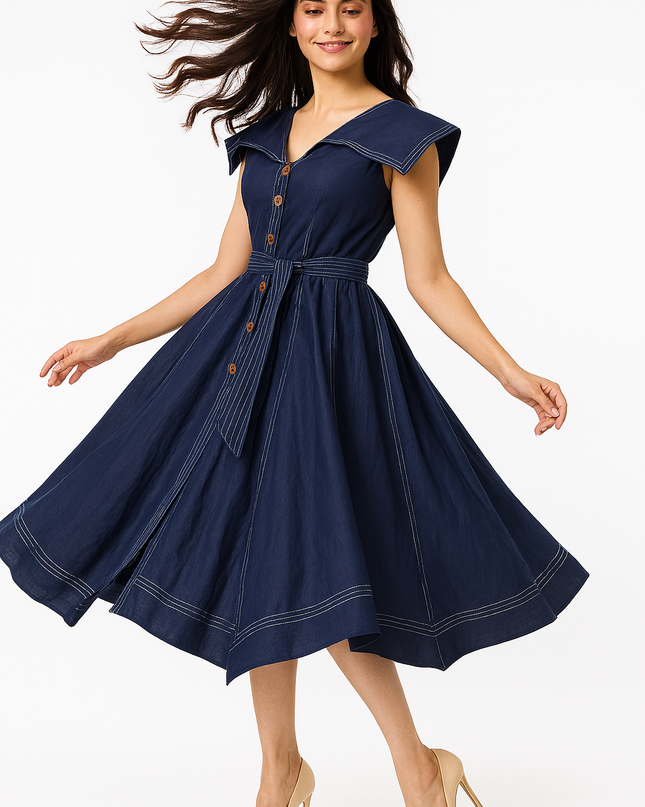 Blue Slub Cotton Dress Elegant Midi Style
