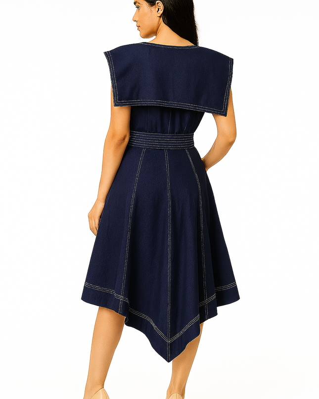 Blue Slub Cotton Dress Elegant Midi Style