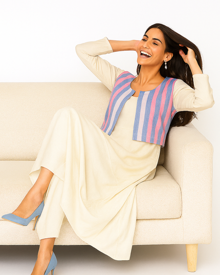 Ivory Cowl Dress with Handloom Jacket Canada