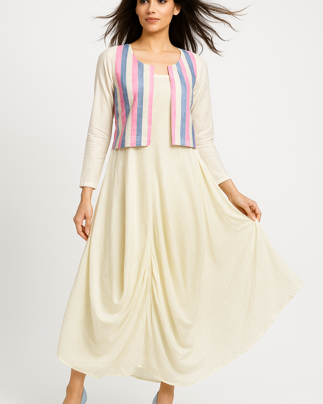 Ivory Cowl Dress with Handloom Jacket Canada
