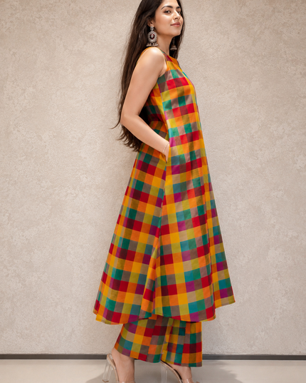 MADRAS CHECKERED HALTER NECK KURTA SET