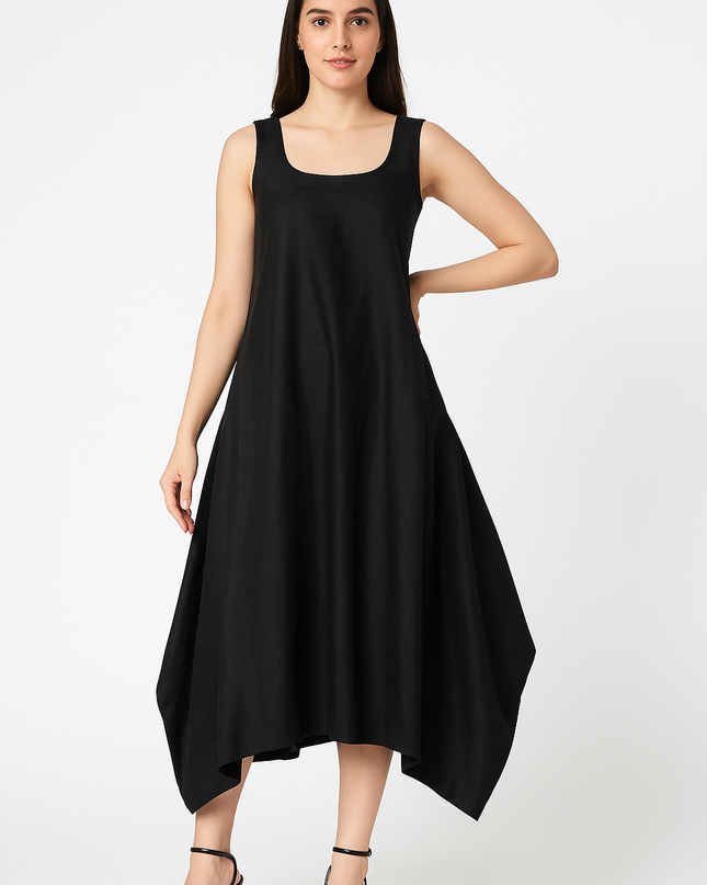Luxury Black Linen Cowl Dress with Jacket