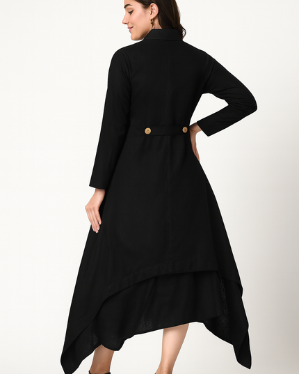 Luxury Black Linen Cowl Dress with Jacket