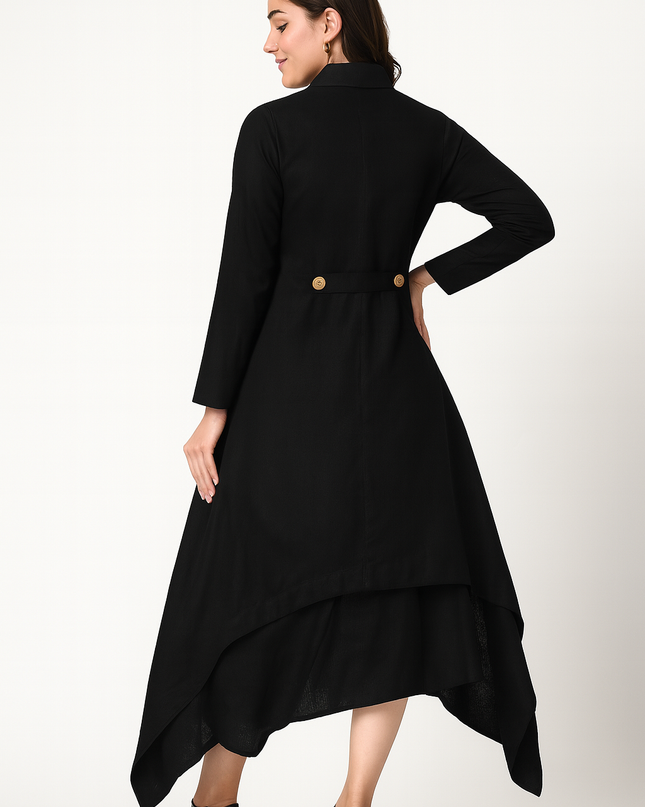 Luxury Black Linen Cowl Dress with Jacket
