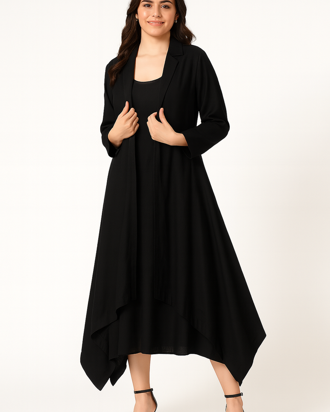 Luxury Black Linen Cowl Dress with Jacket