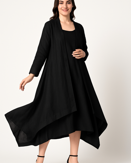 Luxury Black Linen Cowl Dress with Jacket